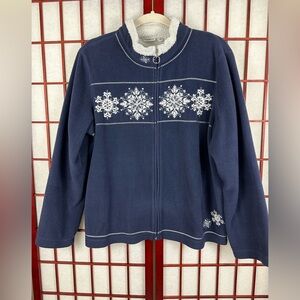 Croft & Borrow Blue White Snowflake Fleece Full Zip Jacket Grandmacore Cozy